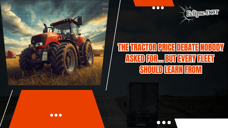 “Modern tractor with price tag and trucks, showing rising equipment costs and fleet impact.”