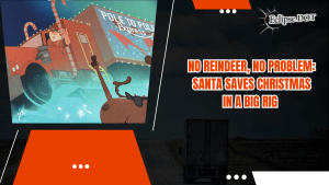 Santa driving an 18-wheel truck to deliver Christmas gifts