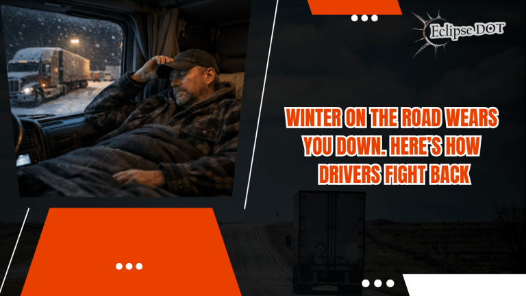 Truck driver resting in sleeper cab during winter night