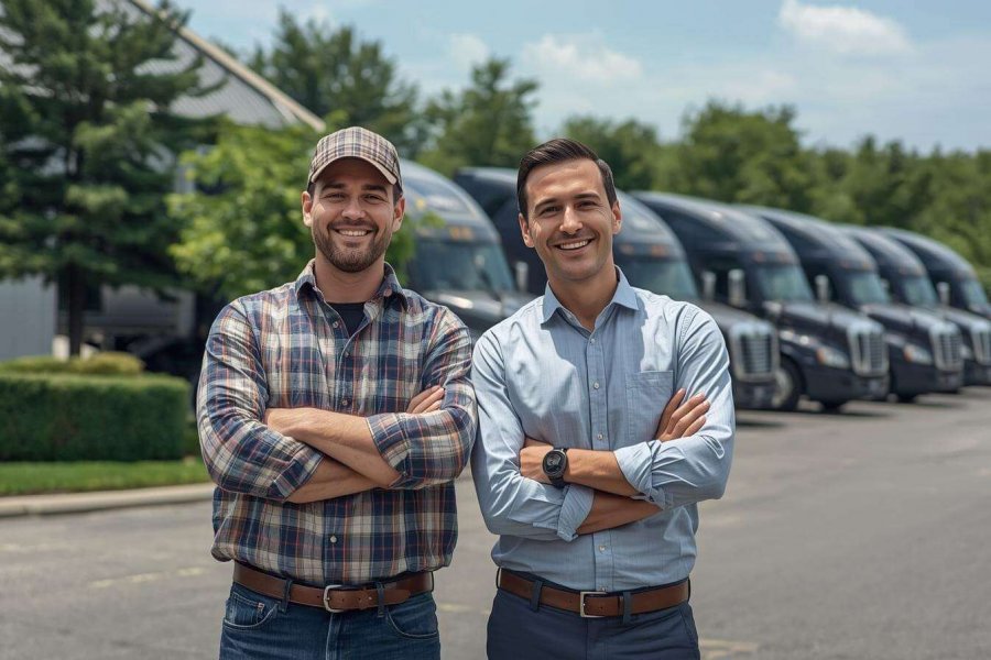 Truck driver and fleet manager smiling in front of trucks with trees.